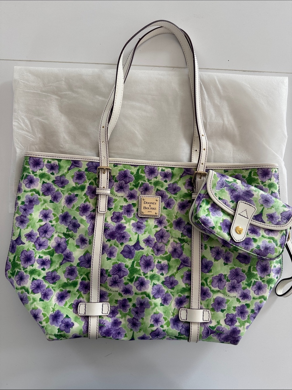 Dooney & Bourke Purple and Green Floral Tote with White Trim